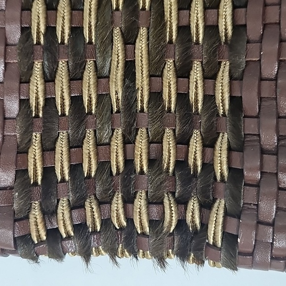 Woven Leather & Suede Brown & Tan Handbag w Braided Handles & Cowhide Accents - Picture 4 of 12